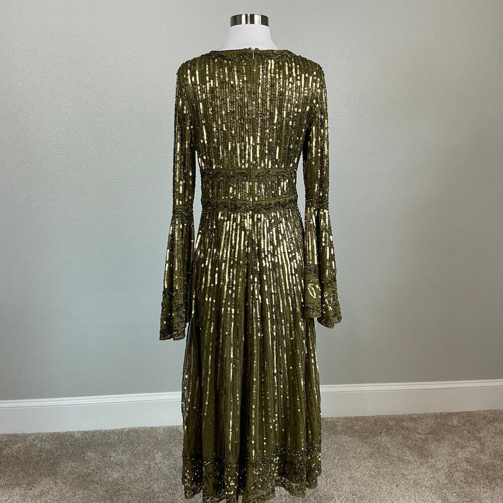 Mac Duggal 5591 Green Cocktail Dress Sequined Long Sleeve A-Line Midi Size 10 - Picture 7 of 13